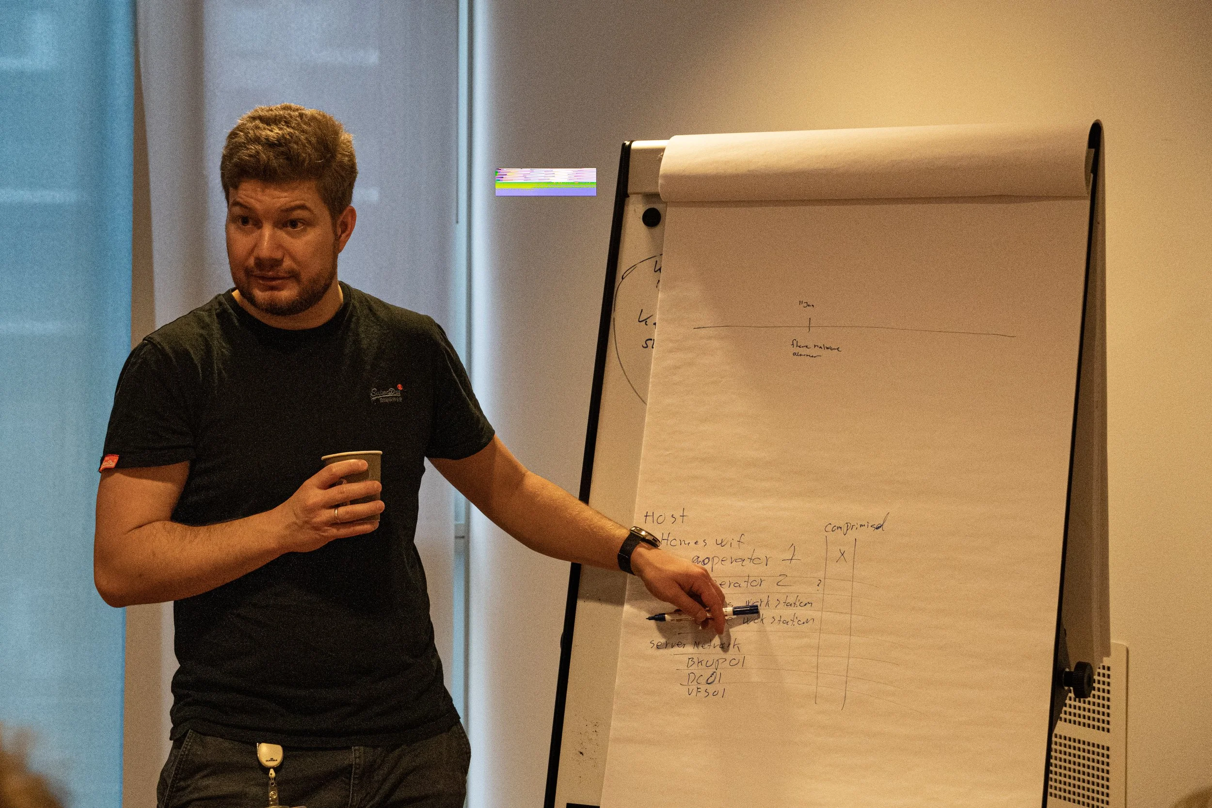 Instructor explaining a compromised-host timeline on a flip chart