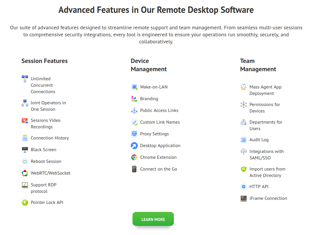 GetScreen.me feature list including remote desktop, terminal, and file transfer
