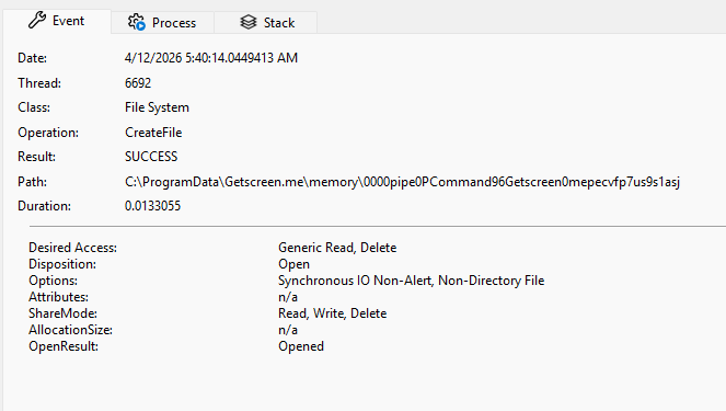 GetScreen named pipe path captured during forensic analysis