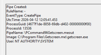Named pipe activity created by the GetScreen service