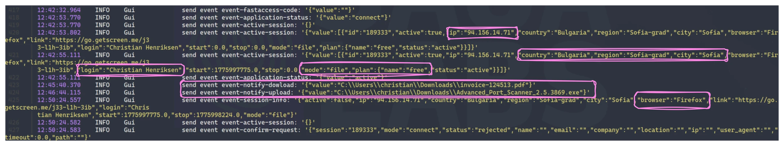 GetScreen file explorer log showing remote file activity