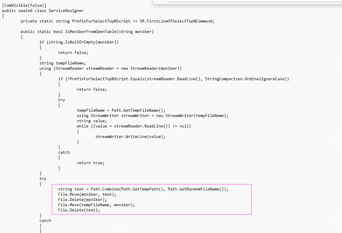 Decompiled code showing creation of the temp files