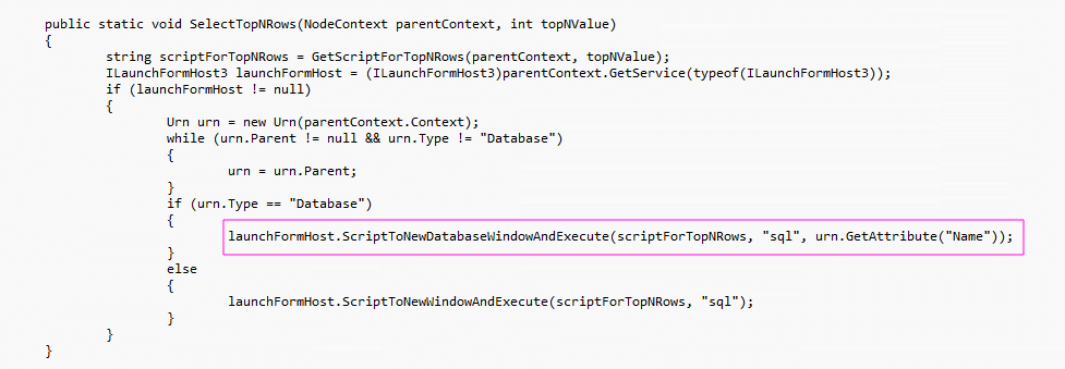SelectTopNRows method that triggers the new query window