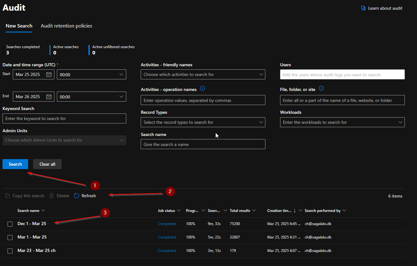 Unified Audit Log export settings with users, activities, and date range