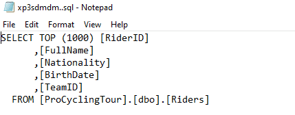 Example of contents showing the query that was run using the "SELECT TOP" feature