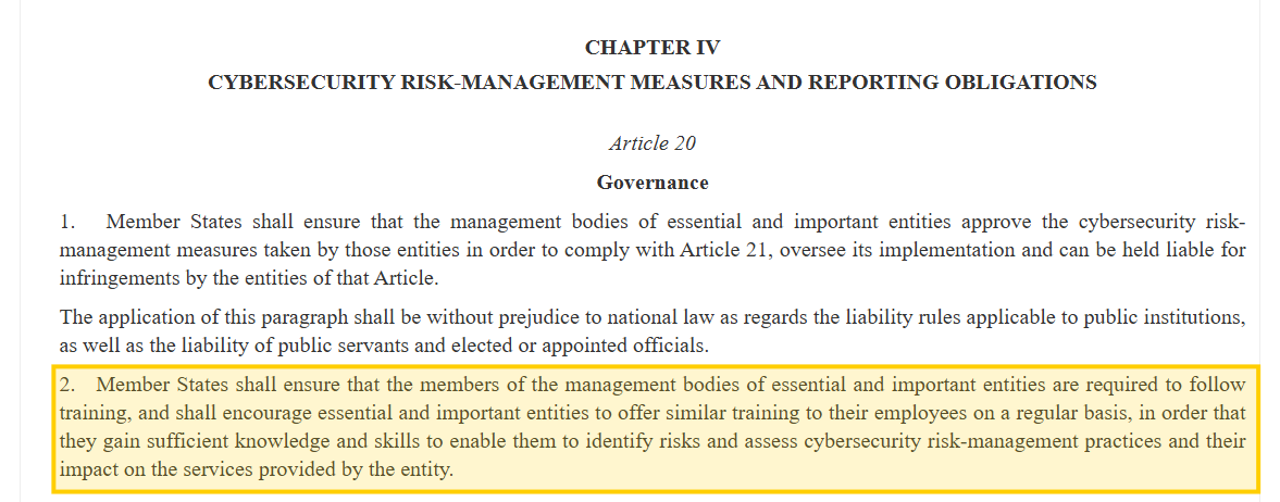 NIS2 Article 20 governance requirement highlighting cybersecurity training for management