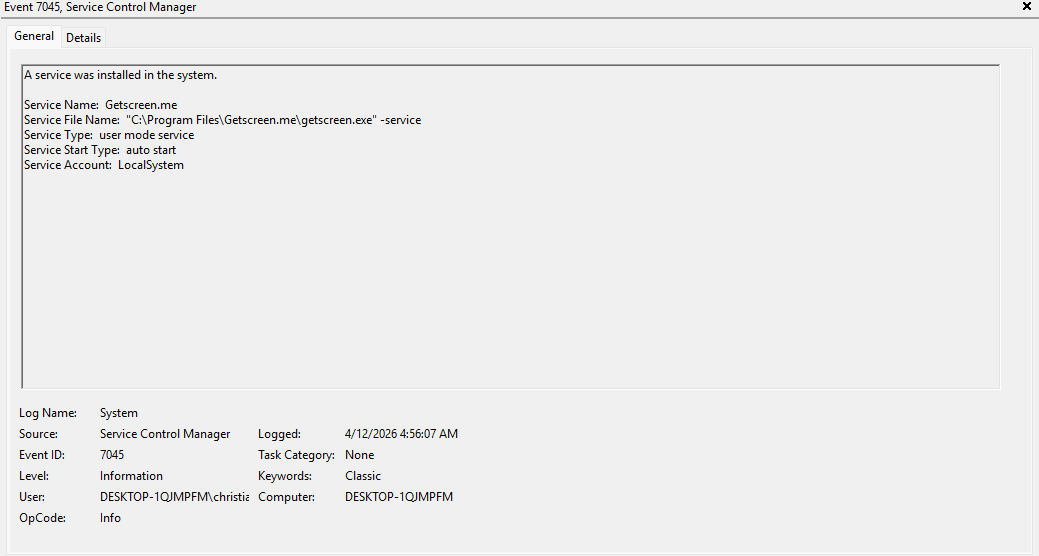 Windows service entry for the GetScreen remote access agent