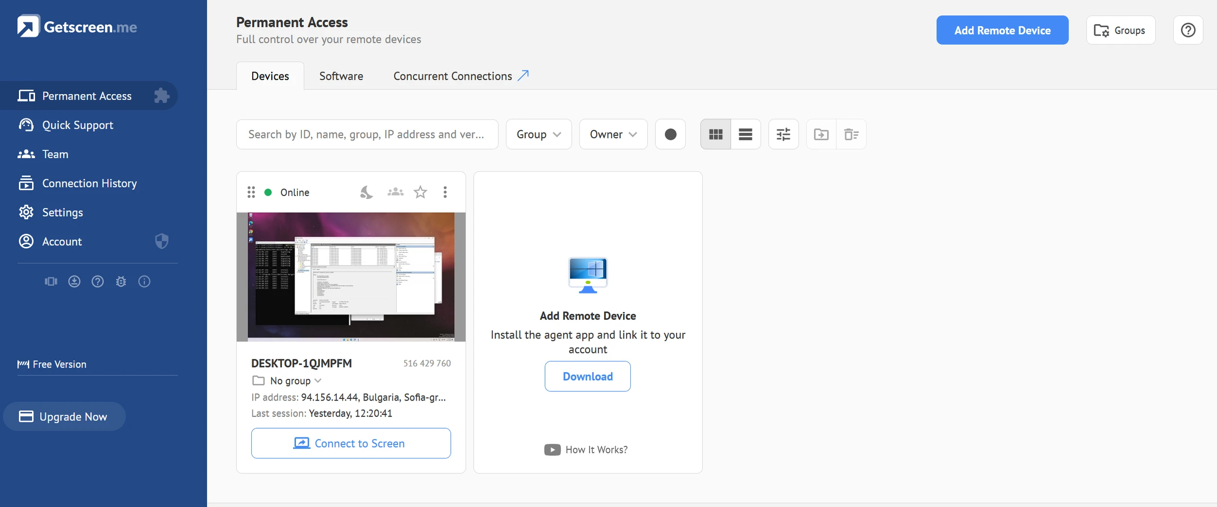 GetScreen.me Permanent Access dashboard with a registered remote Windows device