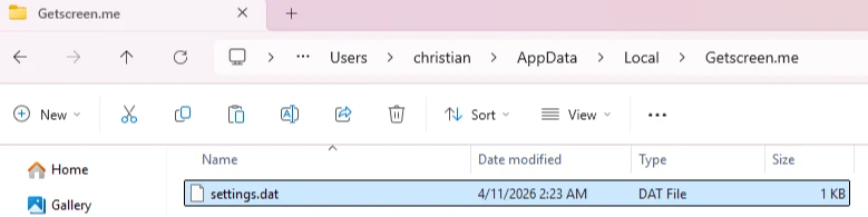 GetScreen.me settings files stored in a Windows user profile