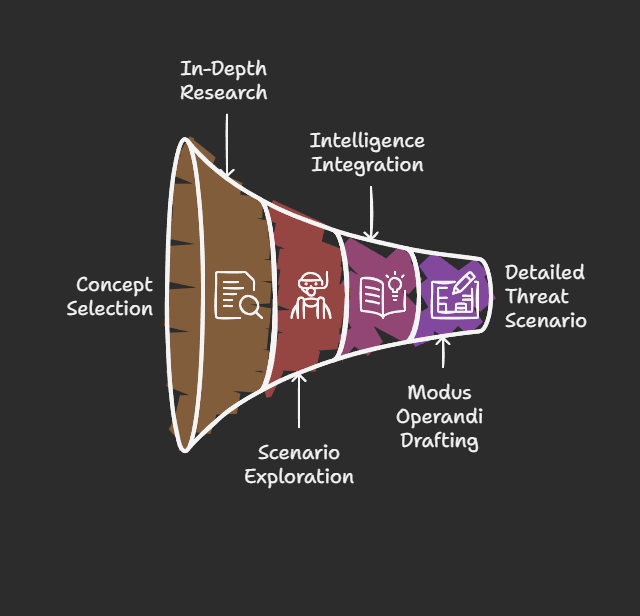 Funnel diagram turning research and intelligence into a detailed threat scenario