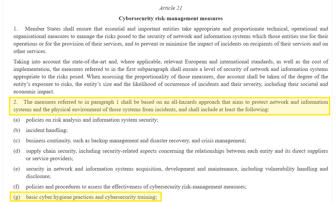 NIS2 Article 21 risk-management measures highlighting cyber hygiene and training