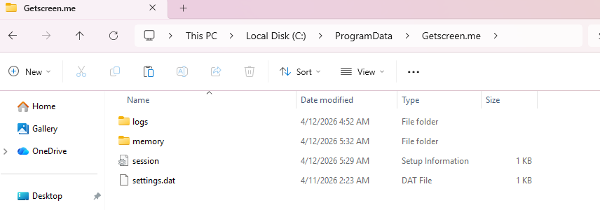 Windows ProgramData folder containing GetScreen.me application files
