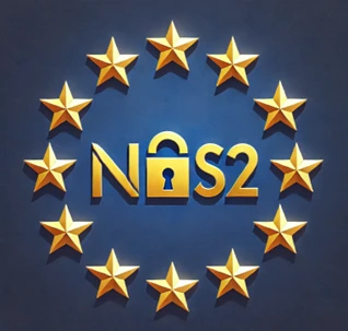NIS2 padlock emblem surrounded by twelve gold stars
