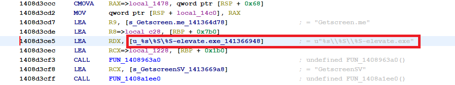 Reverse-engineered GetScreen binary showing the hardcoded elevate executable suffix