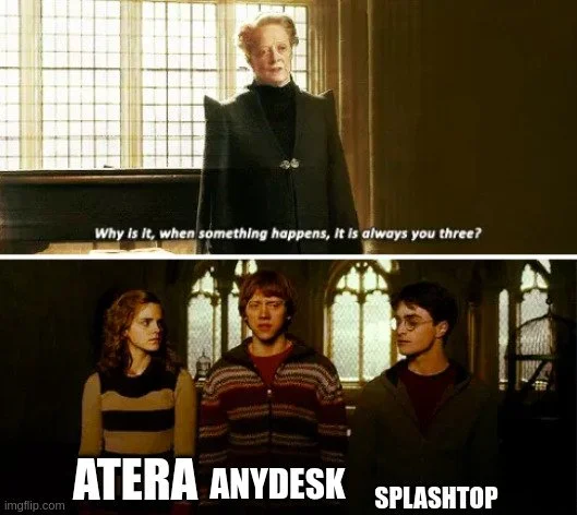 AnyDesk, Atera Agent, and Splashtop logos representing commonly abused remote access tools