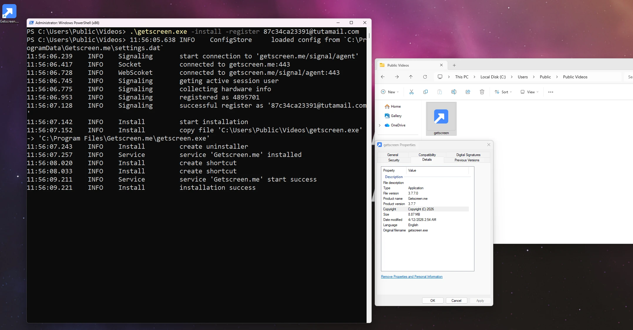 Command prompt showing GetScreen agent installation with account registration
