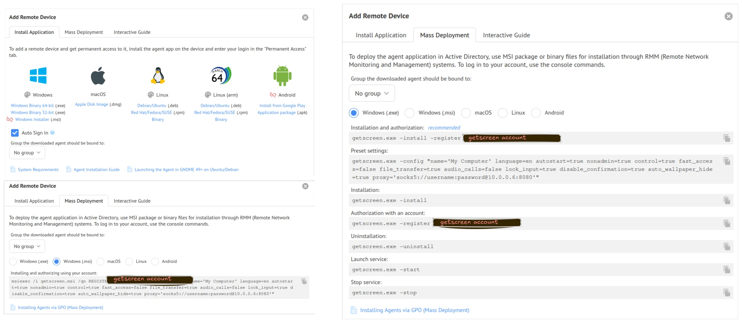 GetScreen.me deployment options for installing the Windows agent