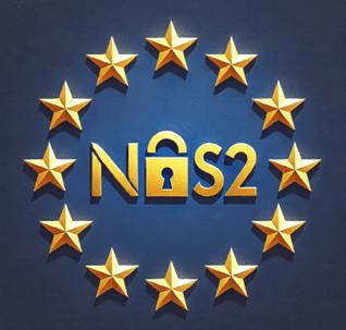 NIS2 padlock emblem surrounded by twelve gold stars