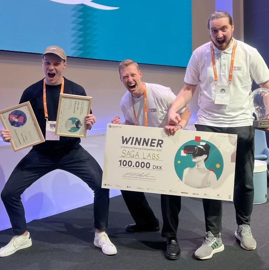 SagaLabs team celebrating the National Startup Competition 2025 win with prize cheque and trophy