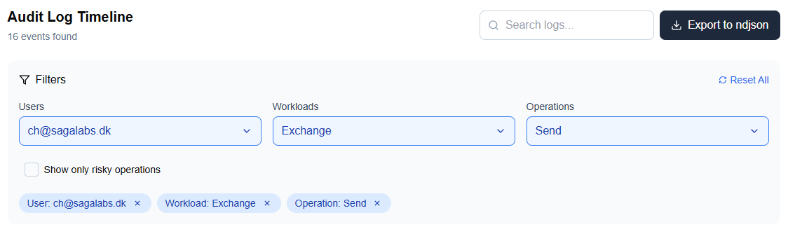 UAL Timeline Builder filters for users, workloads, and risky operations