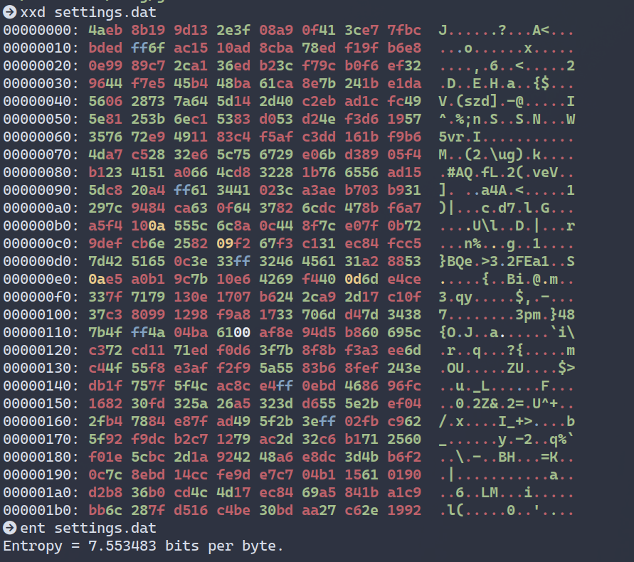 Hexadecimal view of the GetScreen settings.dat file