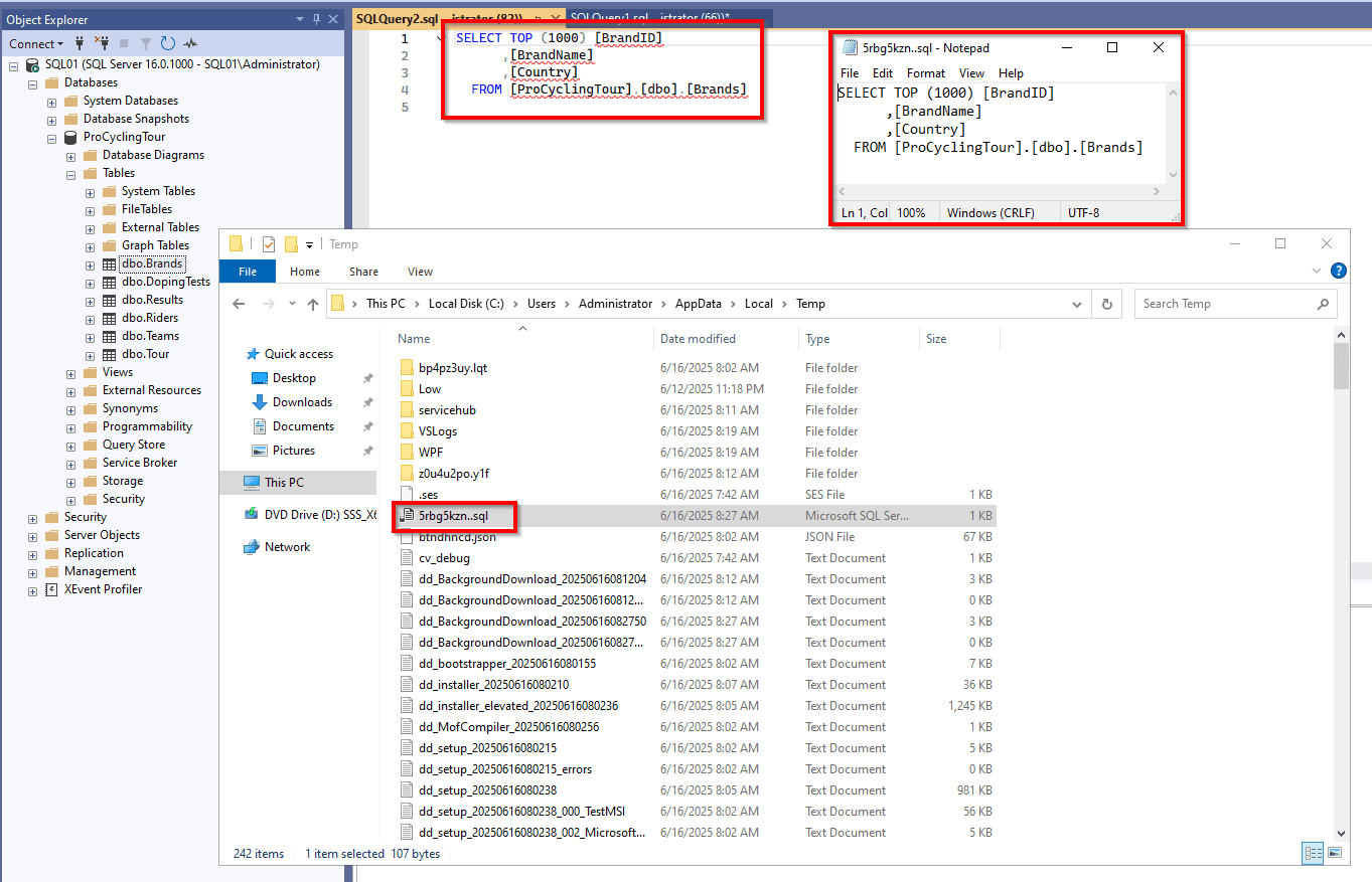 Showing SSMS query window along with the ..sql temporary file