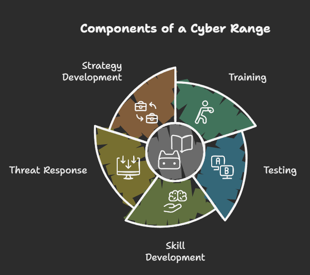 Diagram of cyber range components: strategy, training, testing, skill development, and threat response