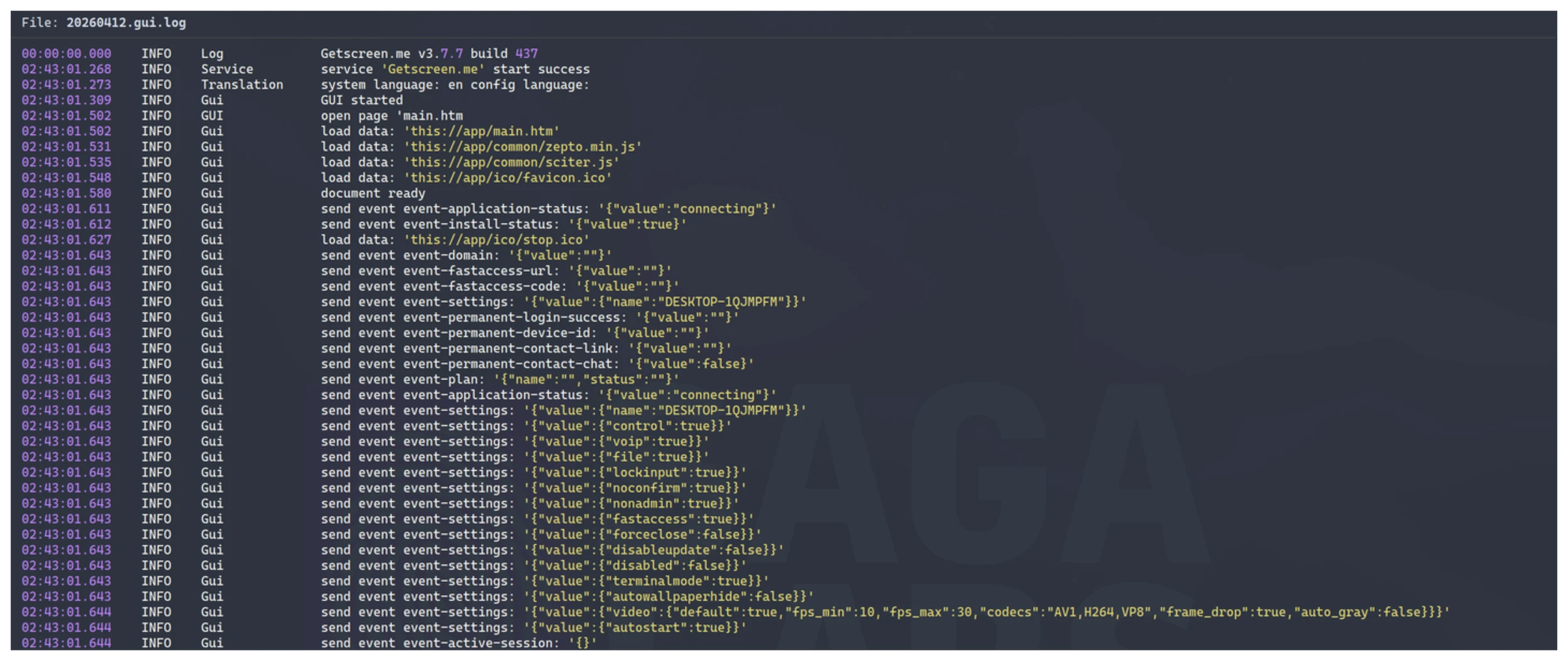 GetScreen application log entries showing remote session activity